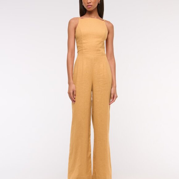 Abercrombie & Fitch Linen-Blend Apron Jumpsuit - Honey Yellow, M Tall (NWT!) - Picture 2 of 8